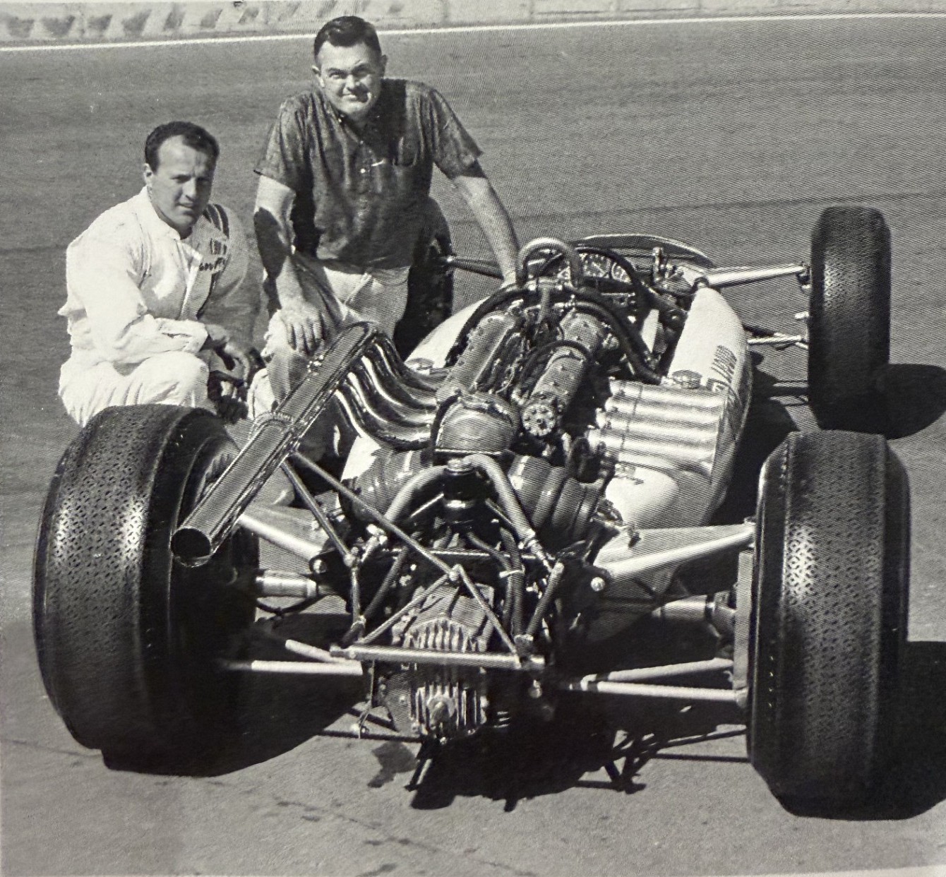 A.J. Foyt and Joe Huffaker with the MG Liquid Suspension Special, 1964